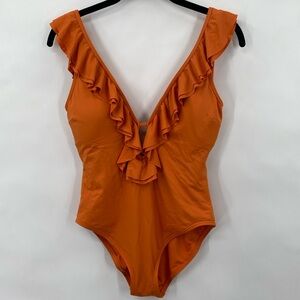 Michael Kors Plunge V Ruffle Neck Onepiece Swimsuit Boho Low Back Tie Size 10